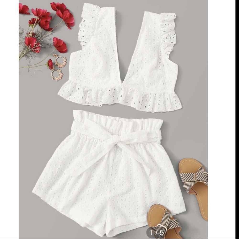 Plunging Neck Tie Back Schiffy Top & Shirts Set